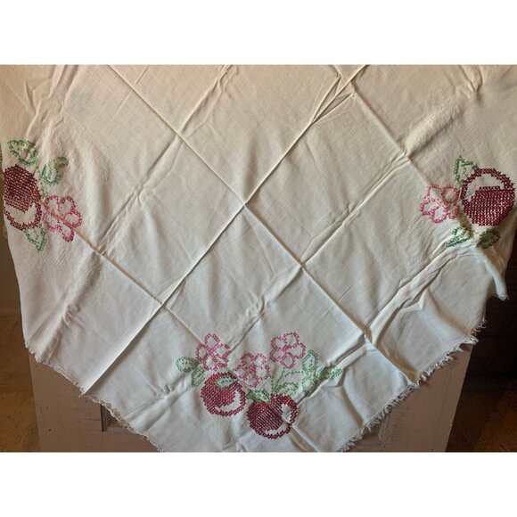 Pale yellow Vintage Linen Blend Handmade Tablecloth with Cross Stitched Cherries - Picture 7 of 7